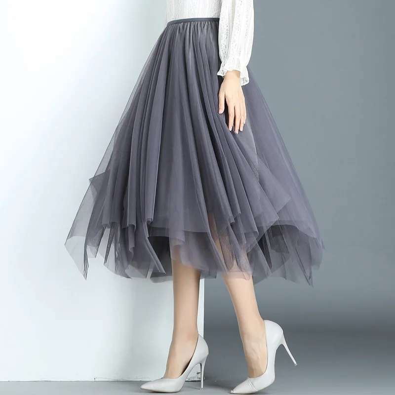 

U-SWEAR Summer Vintage Skirts Womens Elastic High Waist Tulle Mesh Skirt Long Pleated Tutu Skirt Women Saias Midi Faldas Jupe