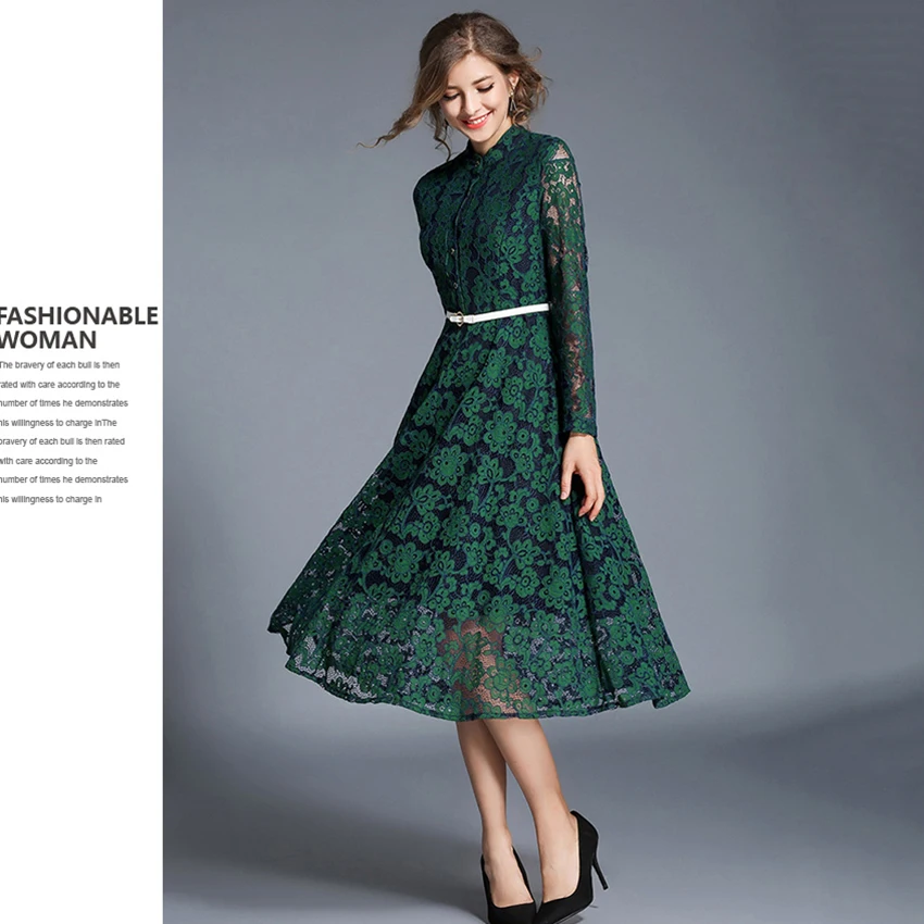 2017 осеннее платье элегантное женское кружевное с длинным рукавом винтажное