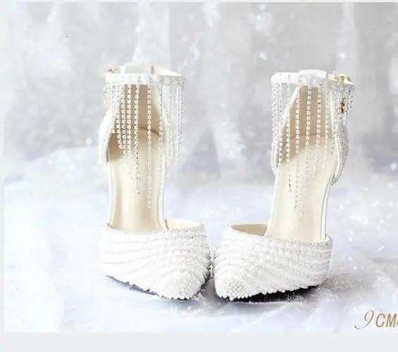 

2018 Women White Crystal Shoes Tassel Wristband Wedding Shoes Pearl Bride Shoes High Heels Sandals Female Red Bottom Dress Pumps