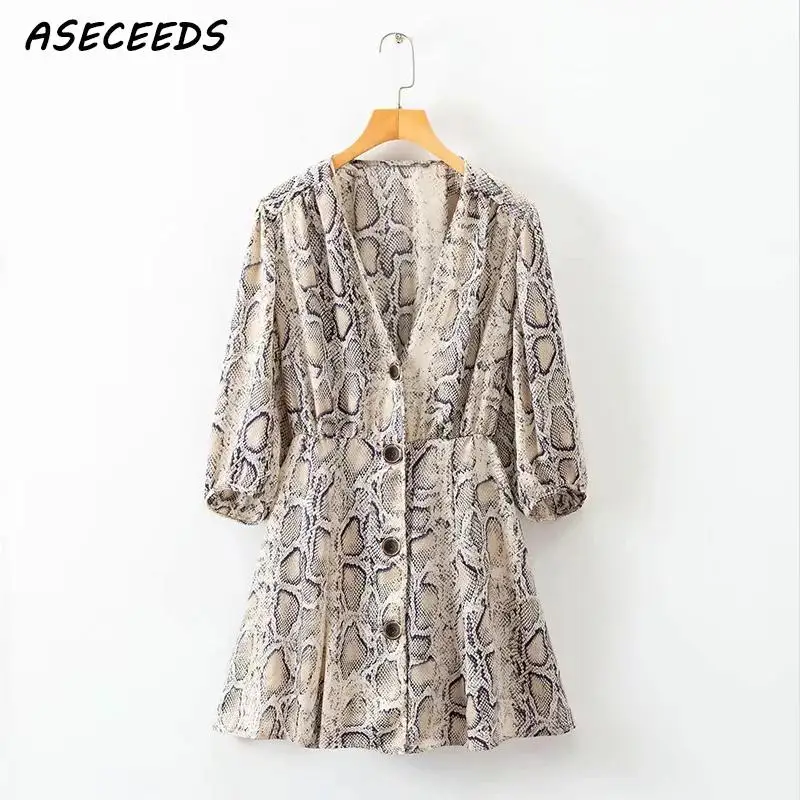 Женское платье с длинным рукавом винтажное мини принтом в виде змеи зимнее для