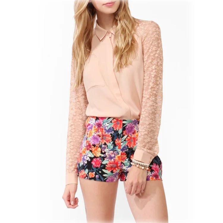 The European style unilateral pocket lace chiffon patchwork wild shirt wholesale X521 |