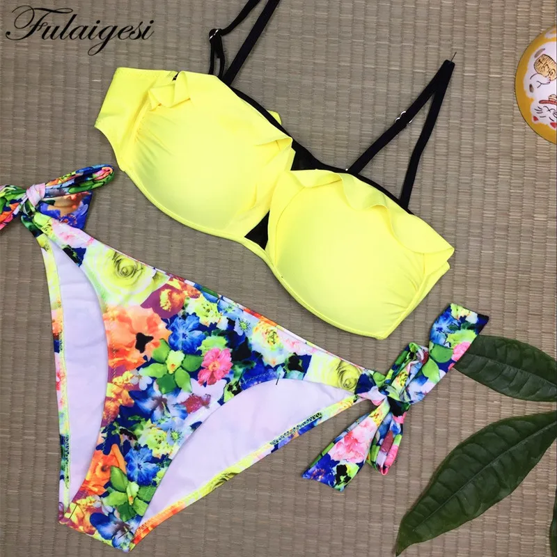 Fulaigesi Frill Bikini swimsuit women sexy flower print swimwear bathing suit woman swimming for swim pool low waist beach | Женская