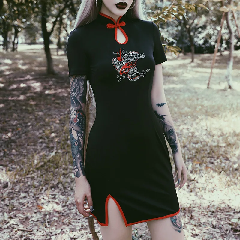 Женское платье в стиле панк JIEZuoFang черное готическом с вышивкой и бантом на молнии