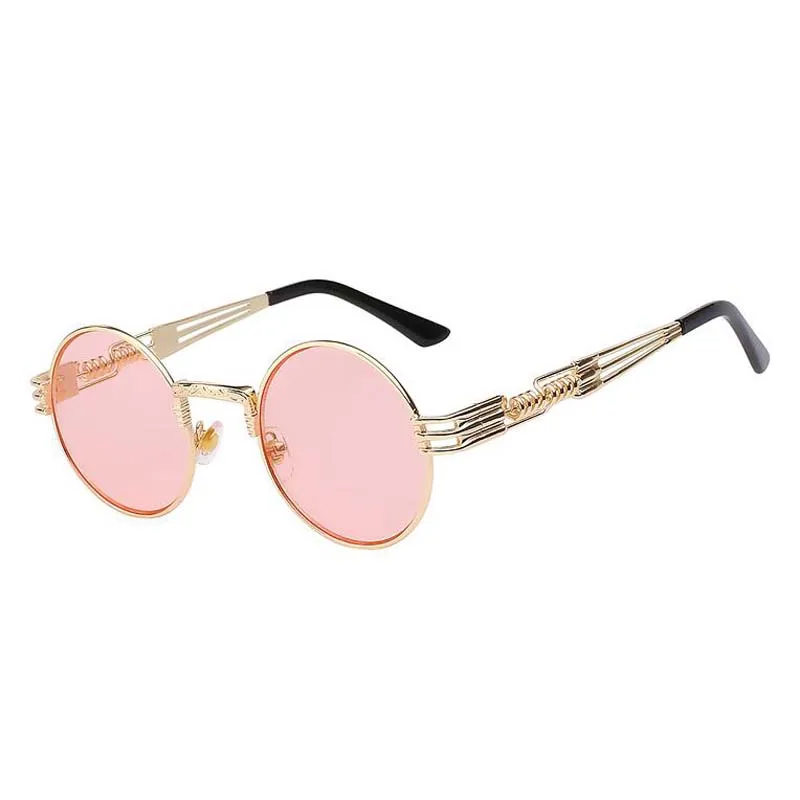 Ретро Круглые стимпанк Солнцезащитные очки UV400 защита Lunette Золотой Металл Весенние солнцезащитные очки для мужчин крутые круглые зеркальные оттенки - Цвет линз: pink lens gold