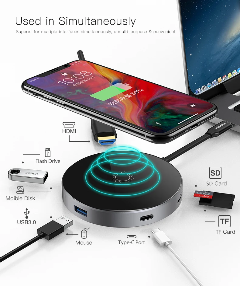 NOHON USB 3,0 концентратор type C концентратор USB разветвитель Мульти USB C концентратор HDMI адаптер питания для Macbook Pro mate 20 Pro Беспроводное зарядное устройство PD SD