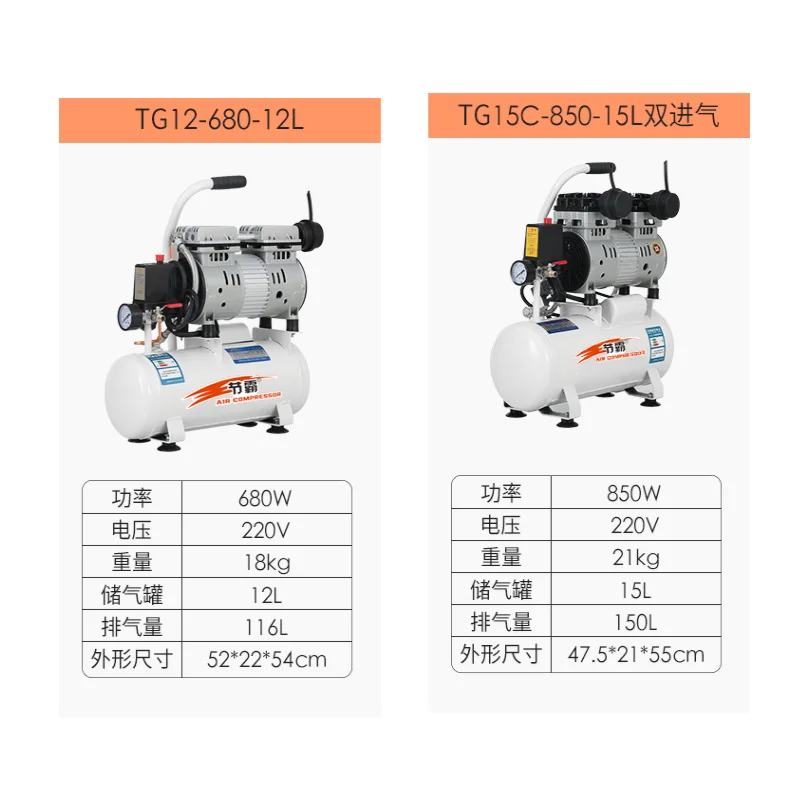 680W850W 12L/15L небольшой воздушный компрессор безмасляный бесшумный домашний деревообрабатывающий/стоматологический/воздушный насос/воздушный компрессор