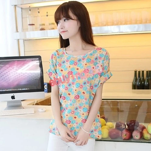 Sale New Women colorful Chiffon shirt batwing short sleeve prin Loose Blouses &amp shirts Tee Tops 2pcs/lot |