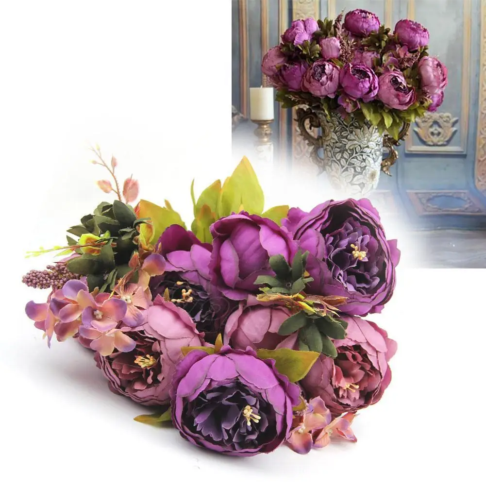 Высокое шелковые цветы Европейский Букет Искусственные яркие 10 головы пион
