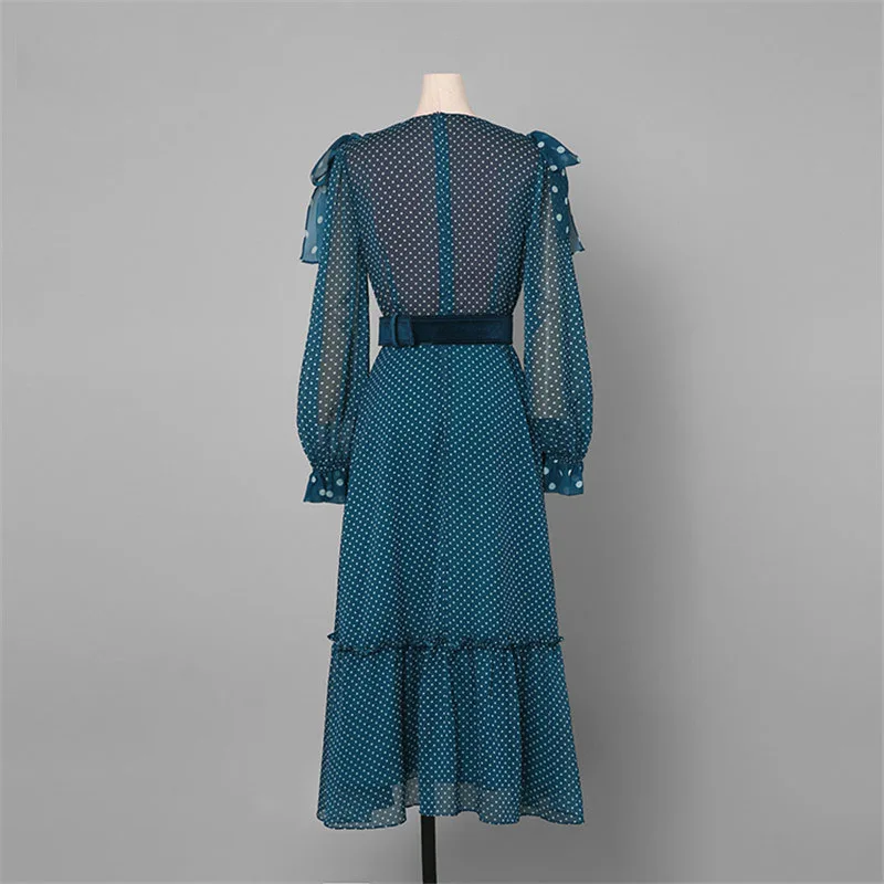 

Designer Runway Dress Women 2019 Spring Elegant Polka Dot Print Midi Chiffon Dress Vintage V Neck Ruffles Female Vestidos