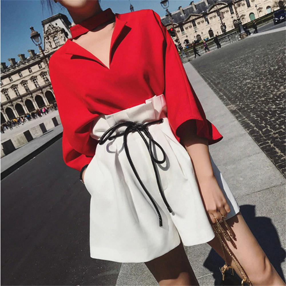

2020 Summer Plus Size Womens Suit Fashion Two Piece Set Sexy V-neck T-shirt + High Waist Shorts Elegant Women Sets
