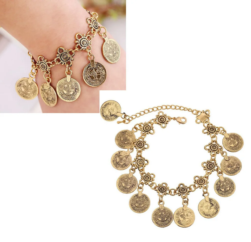 Панк богемный турецкий Ретро Золотой Анталья резные монеты кисточкой браслет.