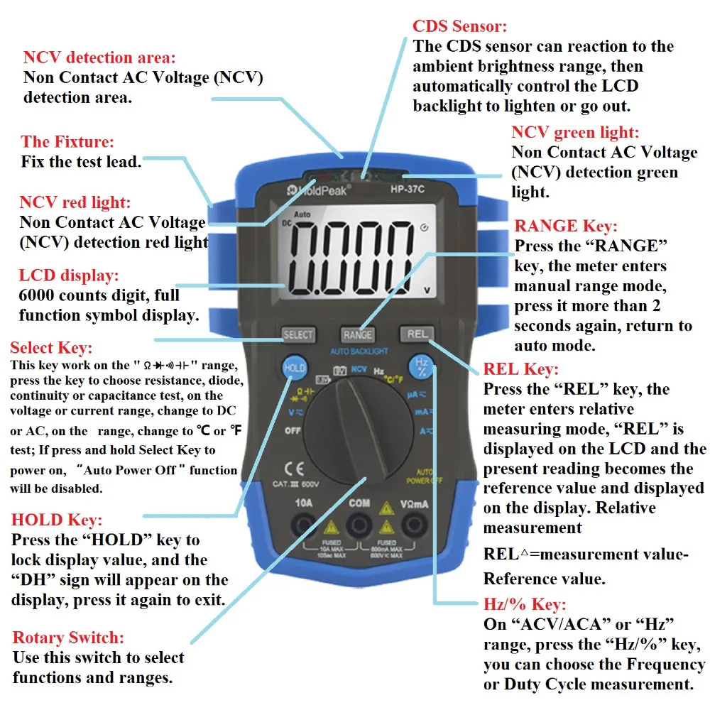 Мини multimetr цифровой holdpeak HP 37C Авто Диапазон True RMS мультиметр Температура емкость