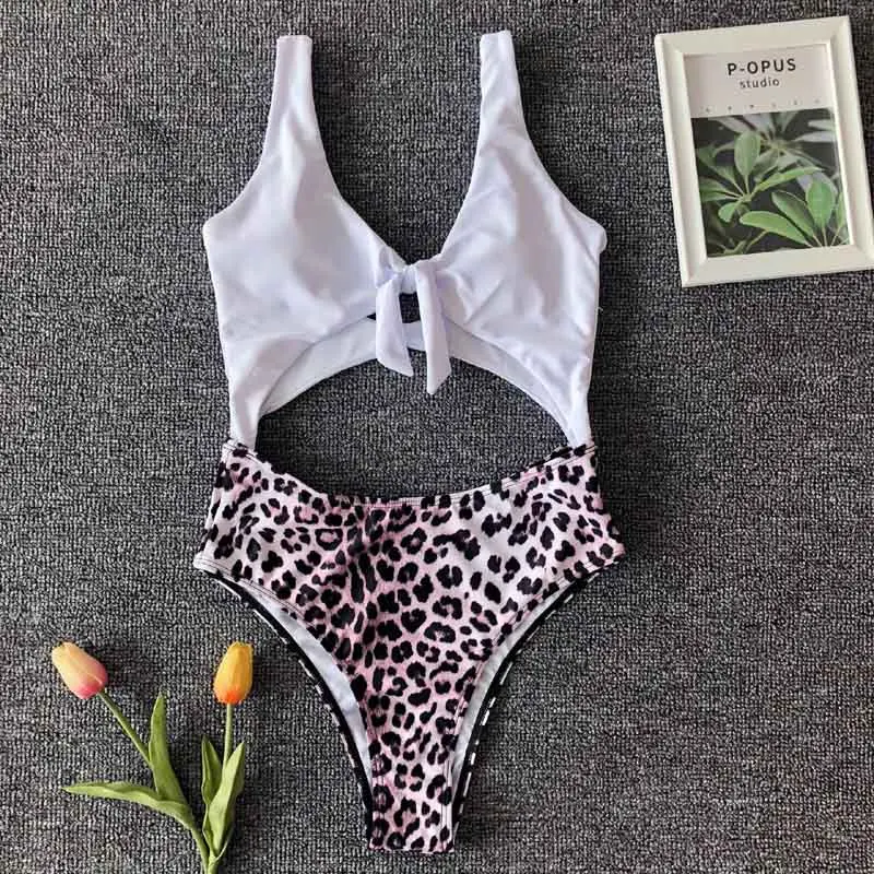 Женский леопардовый купальный костюм Цельный купальник с вырезами на животе и