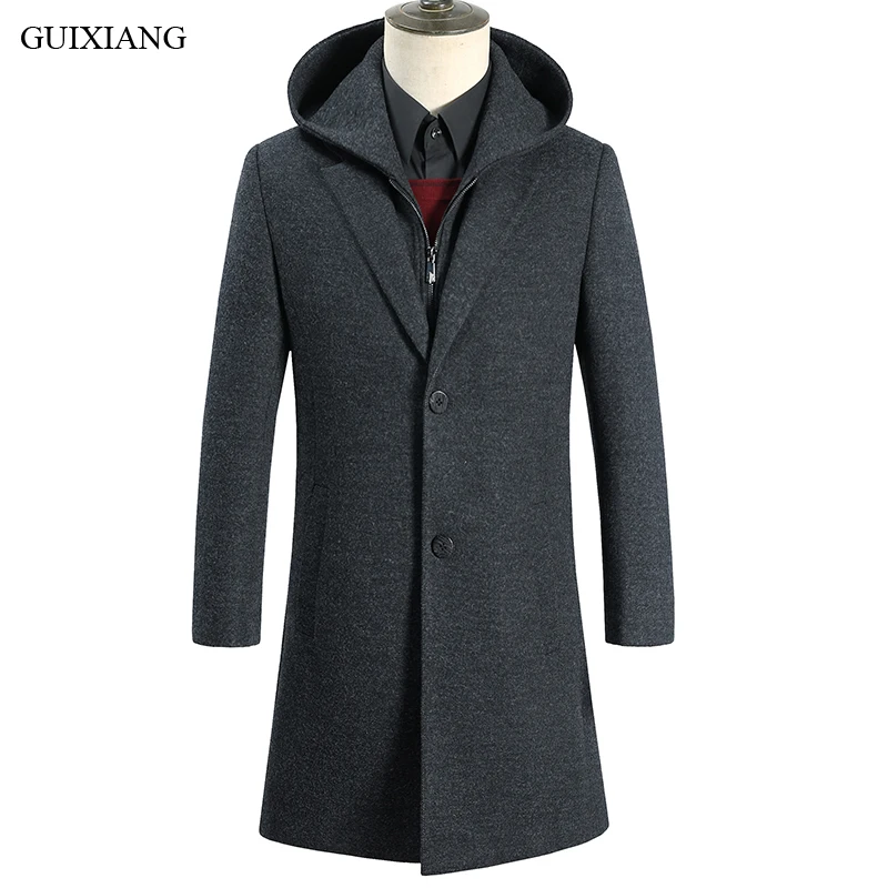 Kopen 2018 Nieuwe Collectie Stijl Mannen Boutique Leisure Wollen Overjas Business Casual Afneembare Hoed Effen Mannen Wollen Trench Maat M-3XL