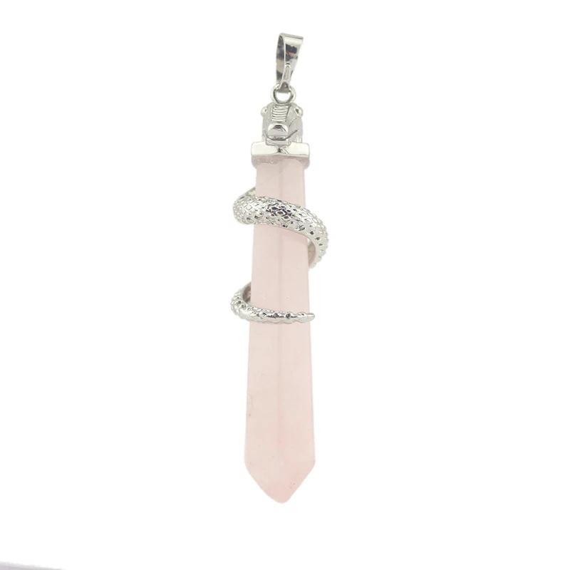 Rose Quartz Большой размер длинный висячий кулон серебряный цвет змея животное натуральный Агаты аметисты бирюза Кристалл кварц опал камень подвески - Окраска металла: Rose Quartz