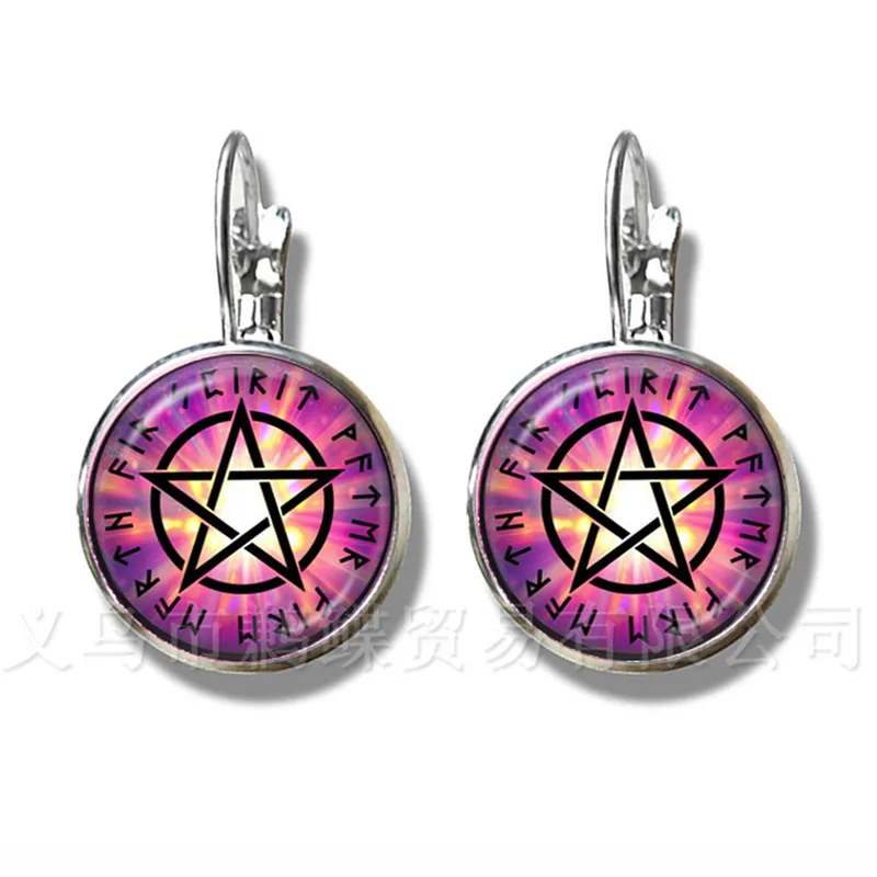 Pentacle Earrings Tree of Life Pattern Picture 16mm Glass Cabochon Jewelry Silver Plated For Women Girls Creative Gift | Украшения и
