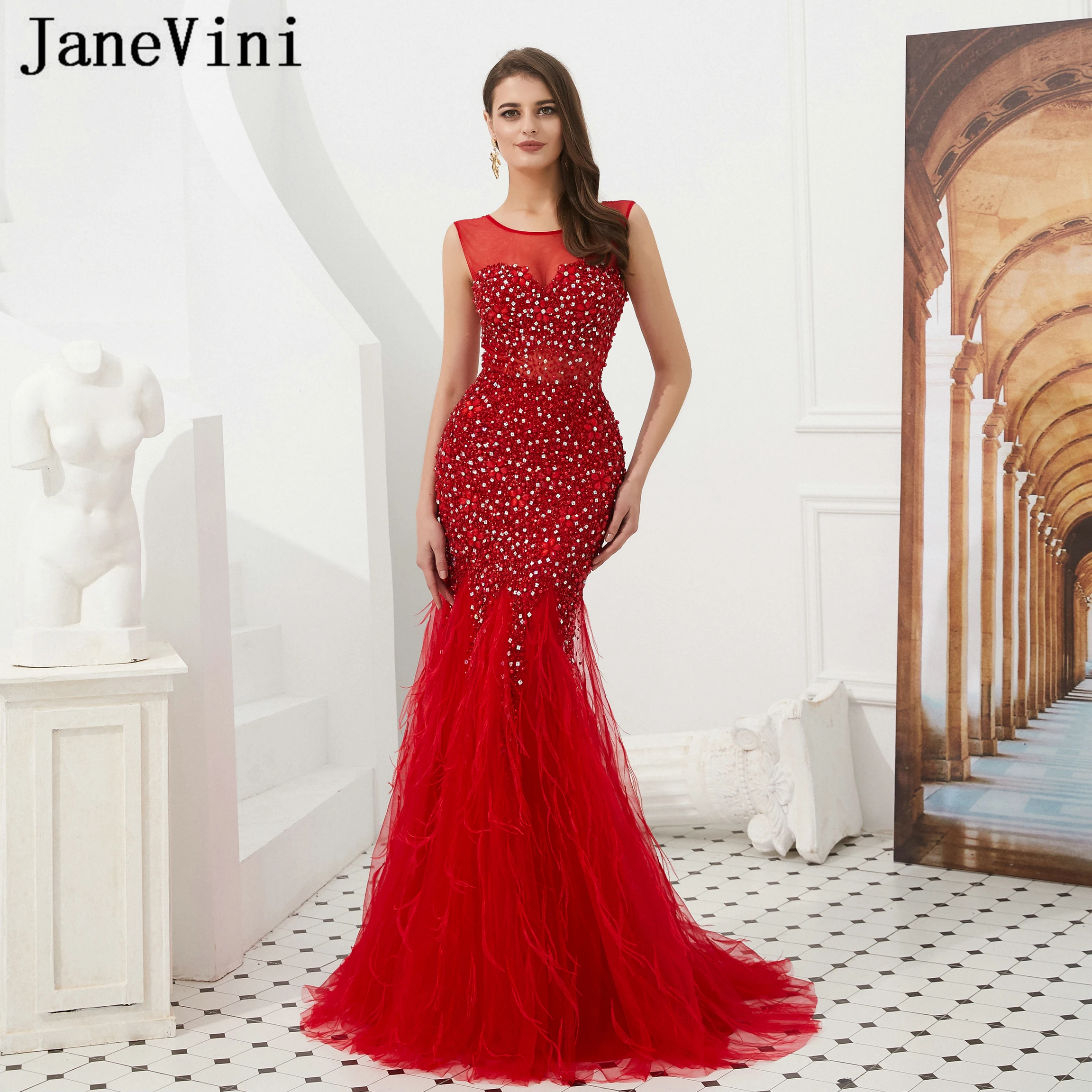 

JaneVini Dubai Design Red Feathers Crystal Long Evening Dresses 2019 Sleeveless Luxury Beading Sexy Prom Gowns Robe De Soiree