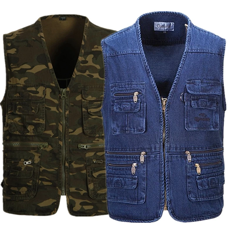 

b men Oversize S-5XL Denim Vests Men Cotton Multi Pocket Jean Jacket Male Brand Military Waistcoat masculina jaquetas