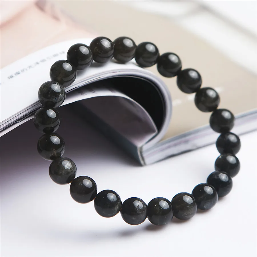 9 мм драгоценный натуральный черный Солнечный камень лунный кристалл стрейч