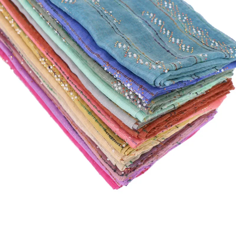 

Женский хлопковый шарф с бусинами, украшенный стразами и жемчугом, мусульманский хиджаб, 10 шт./лот