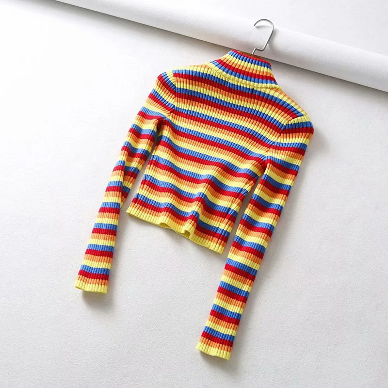 GOPLUS Rainbow Women's Sweater Winter Autumn Slim Striped Colorful Turtleneck Sweaters For Women Pullover Clothing | Женская одежда