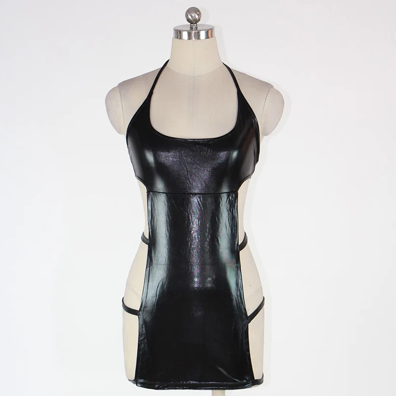 Сексуальное черное платье из искусственной кожи для женщин Wetlook Halter Cut Out Chemise