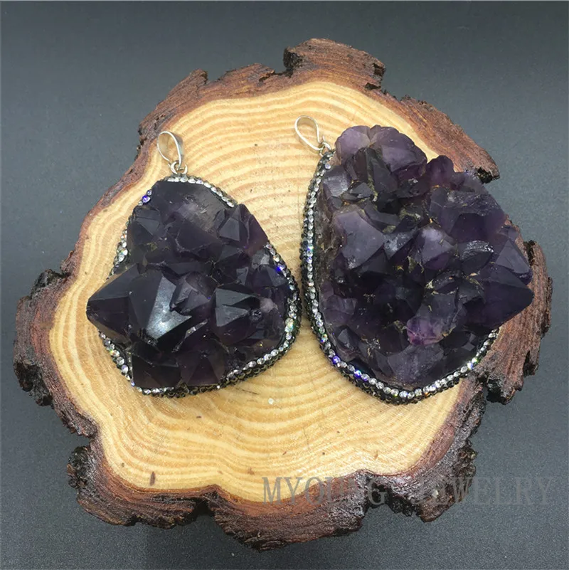 Freeform большой кулон с необработанными аметистами самородок Фиолетовый Кристалл