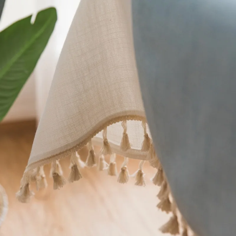 

Blue Green Cotton Linen Fabric Dust-Proof Decorative Table Cover Stitching Tassel Tablecloth Kitchen Dining Tabletop Decoration
