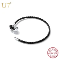 u7 925 sterling silver pink black rope pu leather chain charm bracelets handmade bangle for women silver beads jewelry sc234