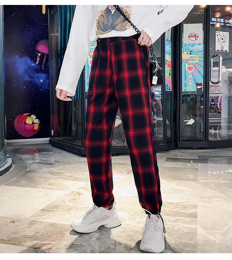 Jielur спортивные штаны женские клетчатые брюки женский корейский стиль Harajuku Boyfriends широкие брюки свободные винтажные зеленые клетчатые джоггеры женские эластичные талии