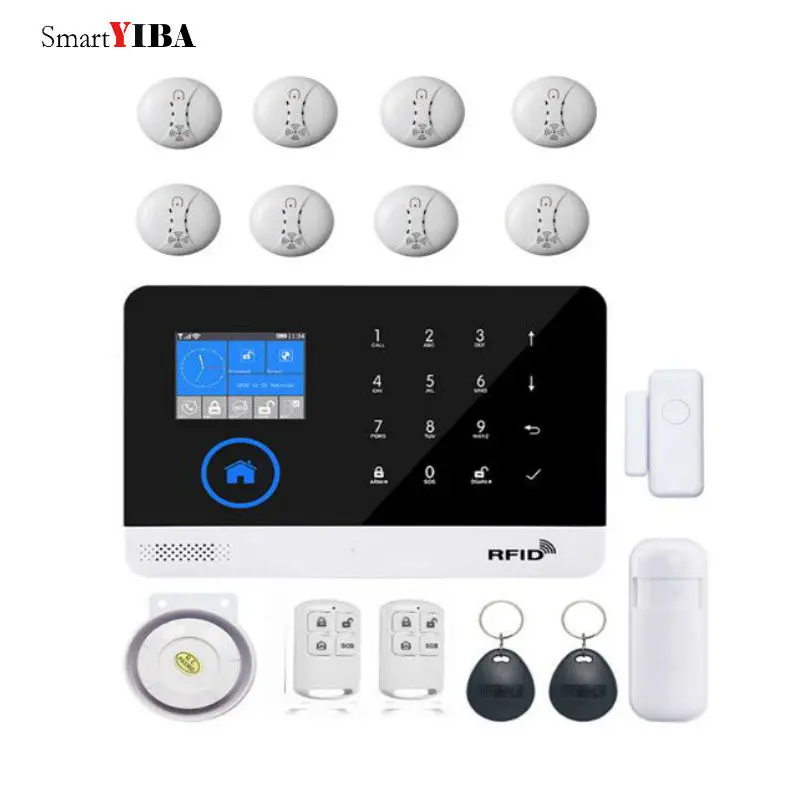 

SmartYIBA 2G GSM SIM Alarm Infrared Detector Door Sensor 433Mhz Smoke Detector Kits Home Burglar Wifi/GSM/GPRS/SMS Alarm System