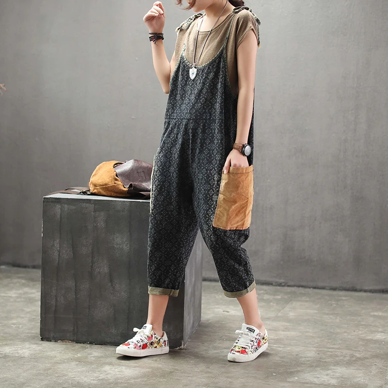 Spring Autumn Jumpsuits Women Large size Loose Retro Rompers 2019 New Casual Print pocket Ladies Overalls | Женская одежда