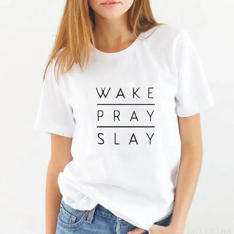 WAKE PRAY SLAY футболка с буквенным принтом Летняя мода Harajuku короткий рукав черный