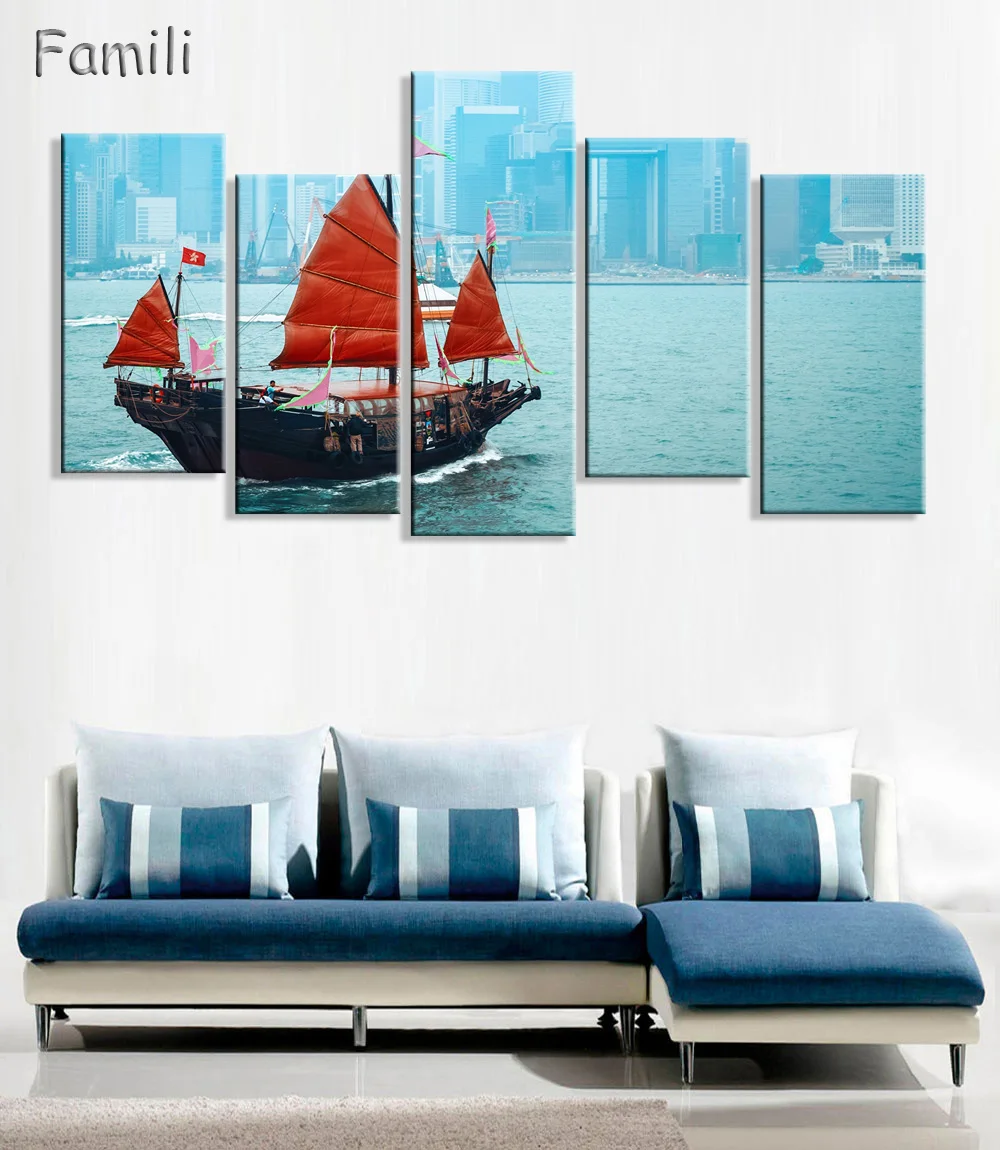 5 панельных холщовых картин с парусником для гостиной современные декоративные