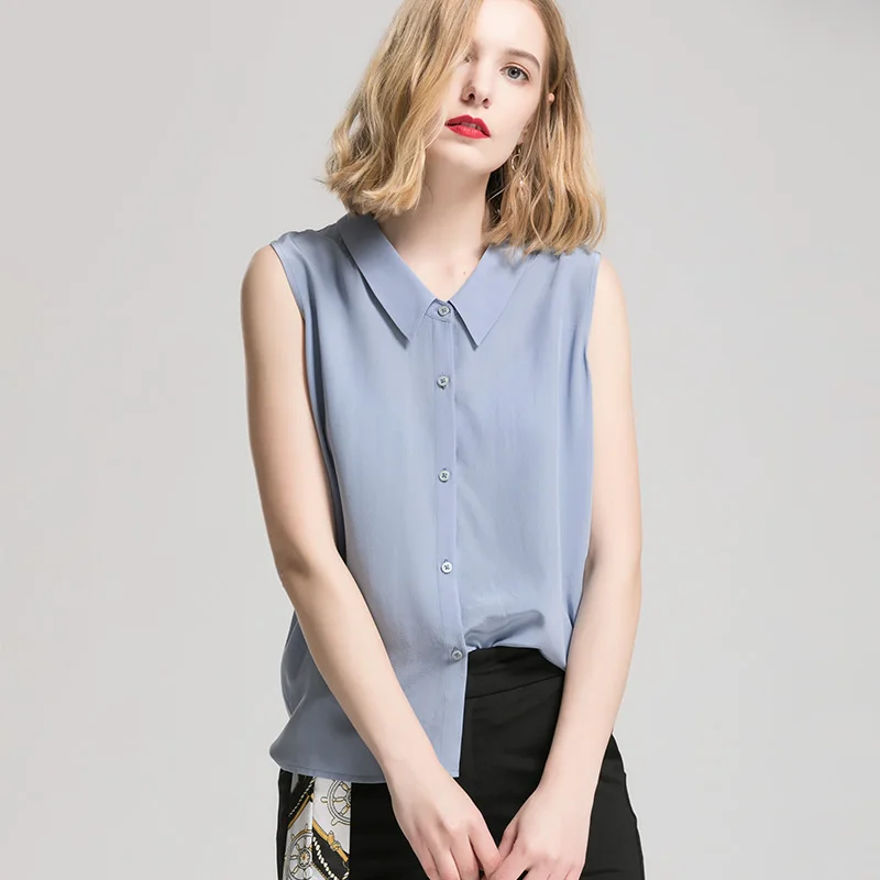 Women Silk Shirt 100%Real silk Sleeveless Solid Button T shirt 2019 Summer New Top Office lady Slate Blue | Женская одежда