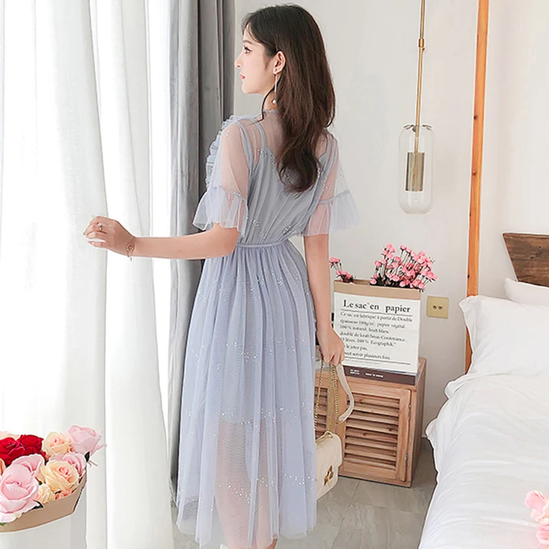 Женское летнее платье YoungGee с круглым вырезом блестками в горошек бальное новое