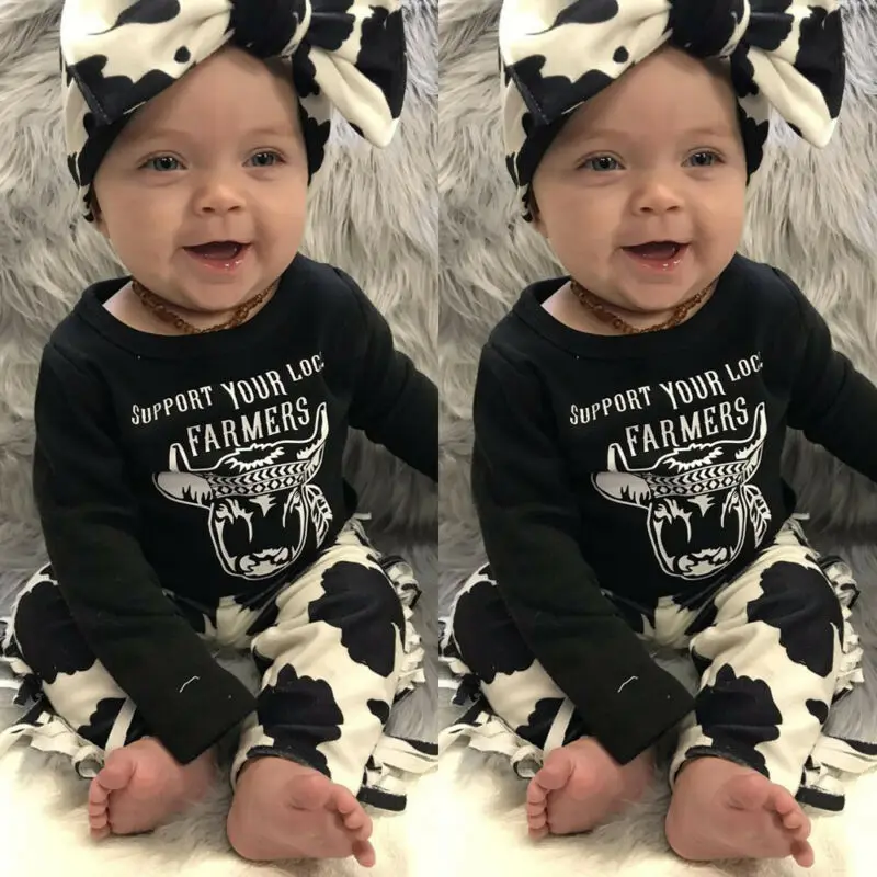 PUDCOCO Newborn Baby Girl Boy Cow Long Sleeve Tops T-Shirt Tassels Legging Pants Headband Outfits 3PCS Clothes Set 0-24M | Детская