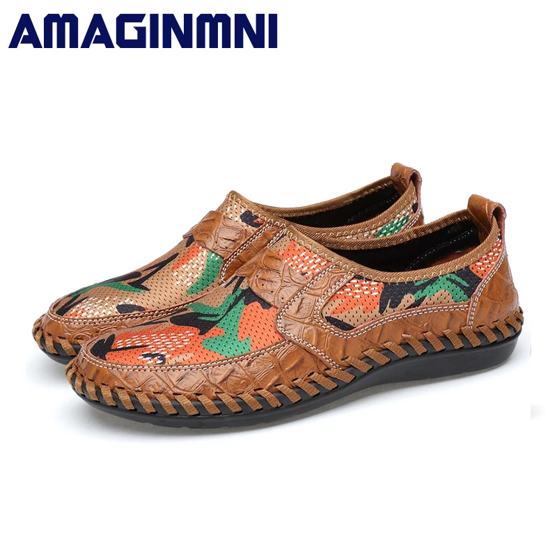 AMAGINMNI Summer Breathable Mesh Shoes Mens Casual Genuine Leather Slip On Brand Fashion Man Soft Comfortable | Обувь