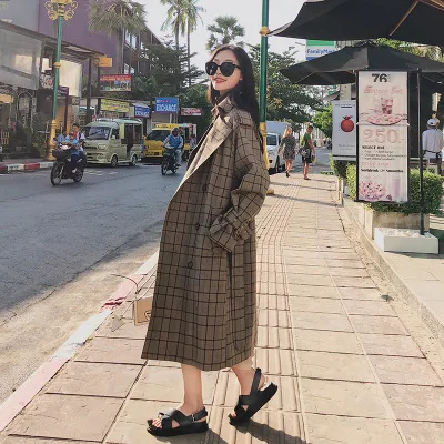 Women plaid long coat with belt casual windbreaker sleeve loose overcoat female outerwear autumn winter trench coats | Женская одежда