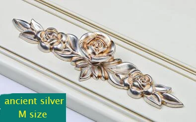 ancient silver M Винтажные ручки для шкафа, пасторальная Роза, ручки для шкафа, комода, ручки для ящика, декоративные ручки, одно отверстие, размеры S, M, L - Цвет: ancient silver M