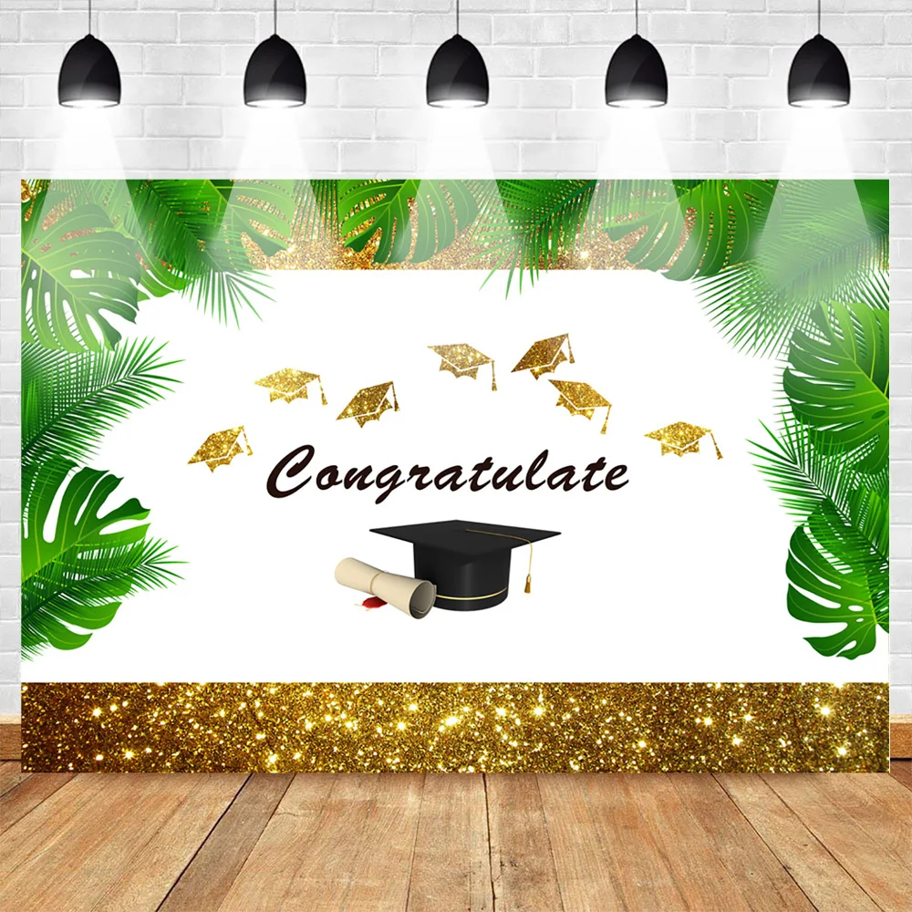 

Neoback Congratulate Graduation Theme Backdrop for Photography Graduation Photo Background Bachelor Cap Golden Border Shiny