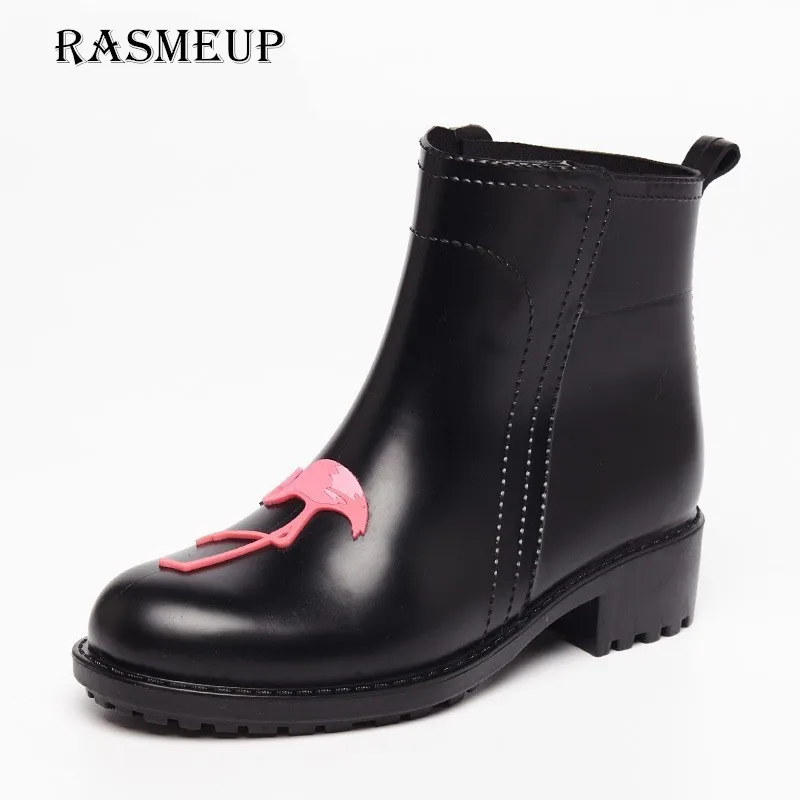 Резиновые сапоги RASMEUP женские из ПВХ с фламинго водонепроницаемые на каблуке