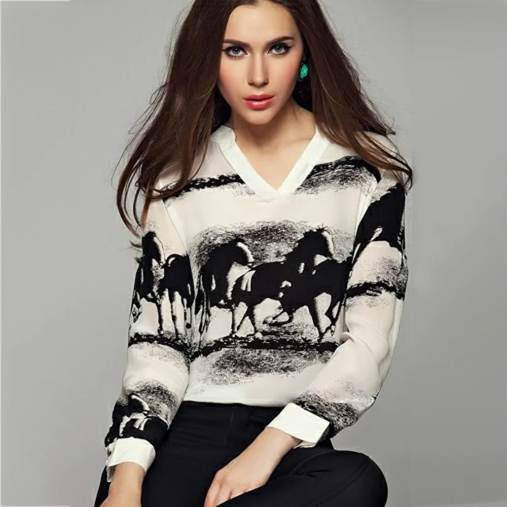 Женская рубашка с длинным рукавом треугольным вырезом чернильным принтом| |