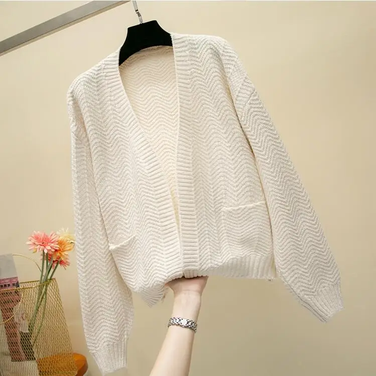 2019 For Girl Casual Knitted Sweater Autumn Korean Women Slim Solid Color Pocket Design Cardigan Khaki White Blue Brown |