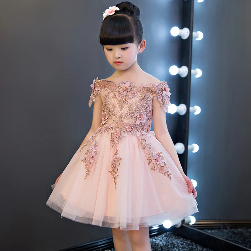 

Flower Girl Dresses Wedding Off the Shoulder Appliques Kids Pageant Dress Birthday Costume Girls Formal Dress Party Gowns K05