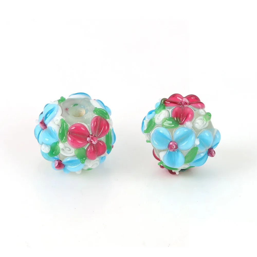 DoreenBeads лэмпворк стекло в форме цветка круглые синие листья цветов красочные около 13 мм x 13 мм, отверстие: около 2,5 мм, 1 шт
