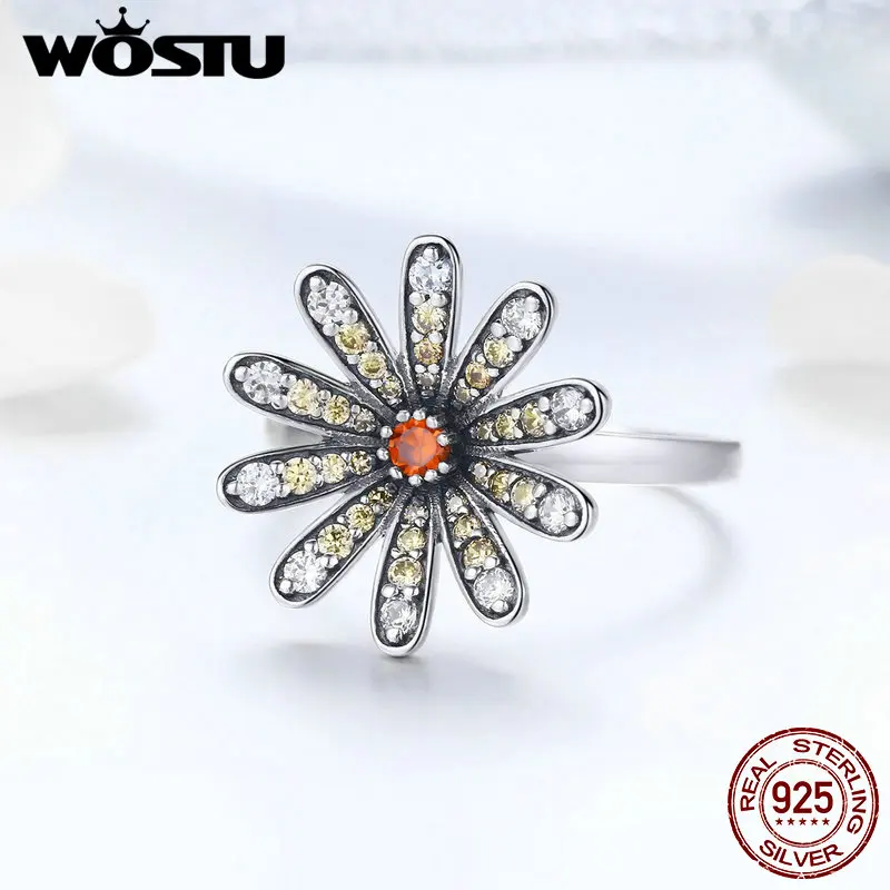 WOSTU Hot Sale 925 Sterling Silver Sparkling Daisy Flower Finger Rings For Women Fashion Engagement Ring Jewelry Gift CTR011