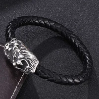 bracelet of men lion head stainless steel magnetic buckle bangle black leather rope punk wrist band gift bb0071