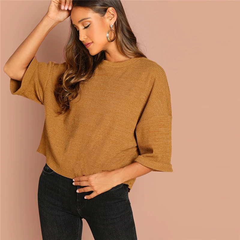SHEIN Однотонный Джемпер С Заниженной Линией Плеч, Повседневный Женский Топ С длинным Рукавом