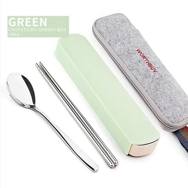 Green 3 Set With Bag Портативный набор посуды, китайская посуда из нержавеющей стали с коробкой для малыша, набор посуды для пикника, кухонные аксессуары - Цвет: Green 3 Set With Bag